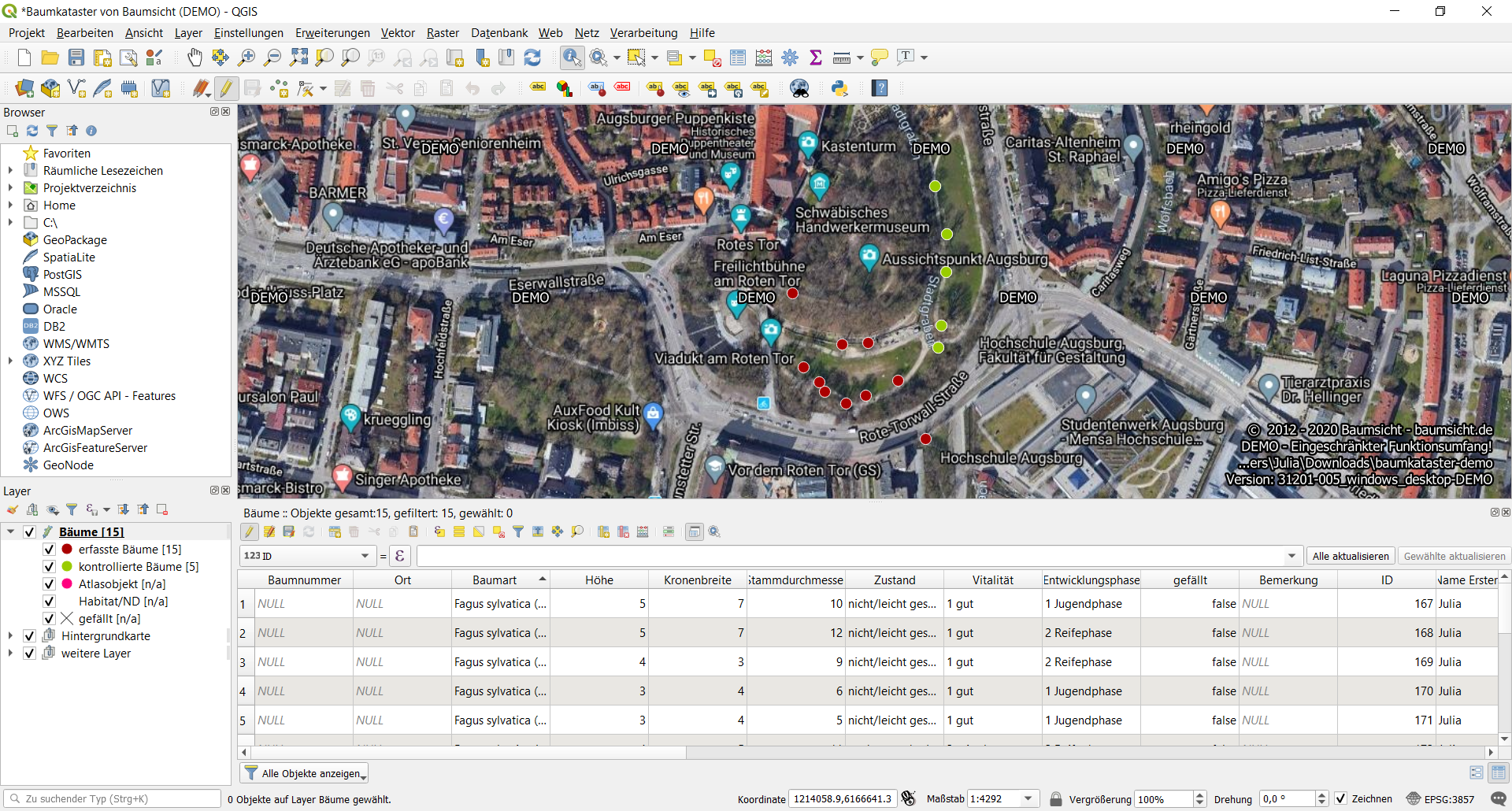 Screenshot of the Baumsicht tree register software