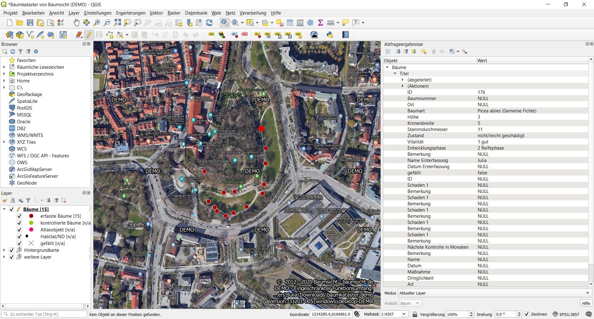 Screenshot of the Baumsicht tree register software